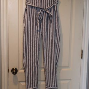 blue and white stripped pants.